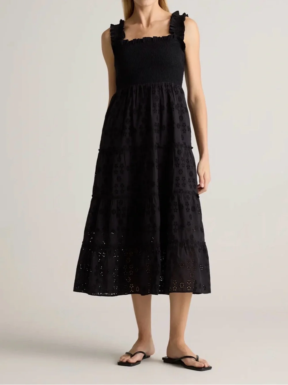 Quince Black Tiered Eyelet Midi Dress-Style Skirt